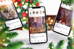 Christmas phone mockup of three blank smartphones on table with Christmas decorations