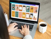 Small business owner working on computer in Canva to update her Instagram story graphic designs great for coaches, bloggers, thought leaders, creatives, infopreneurs, copywriters, podcasters, and other content creators! 