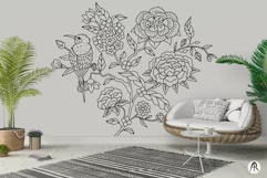 Floral Motif with Bird SVG | Monochrome Line Art Flowers Product Image 3