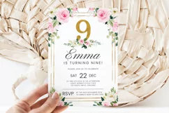 Girls Pink & Gold 9th Birthday Canva Invitation Template Product Image 2
