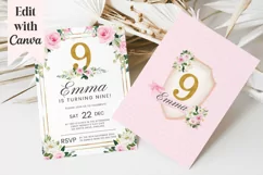 Girls Pink & Gold 9th Birthday Canva Invitation Template Product Image 1