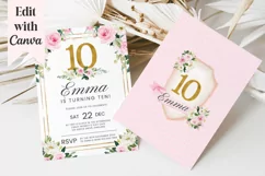 Girls Pink & Gold 10th Birthday Canva Invitation Template Product Image 1