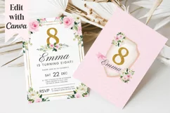 Girls Pink & Gold 8th Birthday Canva Invitation Template Product Image 1