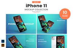 Complete Mockup Bundle of Ten iPhone 11 Smartphone mockups on blue background. These Mockups are perfect for app design, web site mockups, and social media.