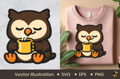 Cute Owl Drinking Coffee Mug Vector Illustration Product Image 1