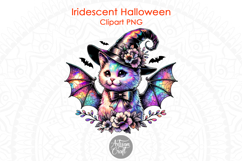 Iridescent cute cat with bat wings, Halloween sublimation PNG with flowers, bats