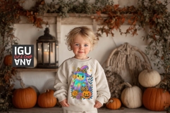 Iridescent ghost girl Halloween t-shirt design with pastel rainbow glow leopard print witch hat and handbag surrounded by pumpkin flowers and sparkles 300 DPI PNG for sublimation and DTF