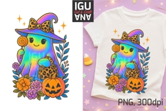 Iridescent ghost girl Halloween t-shirt design with pastel rainbow glow leopard print witch hat and handbag surrounded by pumpkin flowers and sparkles 300 DPI PNG for sublimation and DTF