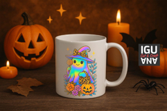Iridescent ghost girl Halloween t-shirt design with pastel rainbow glow leopard print witch hat and handbag surrounded by pumpkin flowers and sparkles 300 DPI PNG for sublimation and DTF