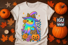 Iridescent ghost girl Halloween t-shirt design with pastel rainbow glow leopard print witch hat and handbag surrounded by pumpkin flowers and sparkles 300 DPI PNG for sublimation and DTF