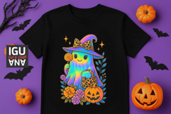 Iridescent ghost girl Halloween t-shirt design with pastel rainbow glow leopard print witch hat and handbag surrounded by pumpkin flowers and sparkles 300 DPI PNG for sublimation and DTF