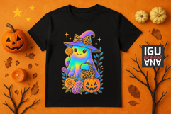 Iridescent ghost girl Halloween t-shirt design with pastel rainbow glow leopard print witch hat and handbag surrounded by pumpkin flowers and sparkles 300 DPI PNG for sublimation and DTF
