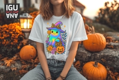 Iridescent ghost girl Halloween t-shirt design with pastel rainbow glow leopard print witch hat and handbag surrounded by pumpkin flowers and sparkles 300 DPI PNG for sublimation and DTF