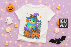 Iridescent ghost girl Halloween t-shirt design with pastel rainbow glow leopard print witch hat and handbag surrounded by pumpkin flowers and sparkles 300 DPI PNG for sublimation and DTF