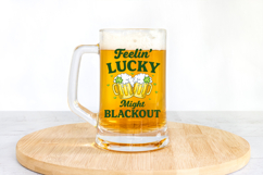 High resolution St. Paddy’s Day drinking shirt graphic featuring beer mugs, shamrocks, and lucky phrase in rich green tones.