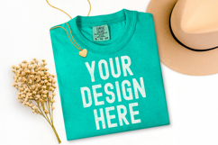 Comfort Colors C1717 Island Green Shirt Mockup, Flat Lay Product Image 1