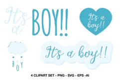 Four blue It's a Boy clipart designs with typography, heart and cloud decorations