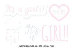 Four pastel It’s a Girl clipart designs for baby shower and gender reveal projects