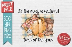 It&#039;s The Most Wonderful Time Of The Year fall design with boots coffee leaves and a pumpkin with a scarf