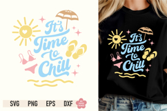 Model wearing a black t-shirt printed with a retro pastel graphic reading "Its Time to Chill"