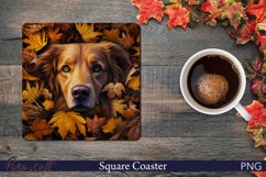 Dog in Autumn Leaves Square Coaster | Fall Design Product Image 1