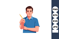 Man in blue shirt holding pencil pointing forward confident Product Image 1