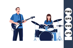 Male guitarist and female drummer playing music together in Product Image 1