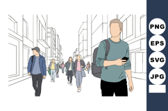 Urban crowd walking and using smartphones on city street in Product Image 1