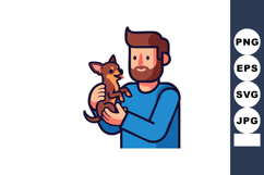 Man holding small dog in arms smiling with blue sweater frie Product Image 1