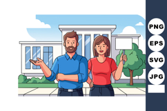 Man and woman standing outside modern house with signboard a Product Image 1