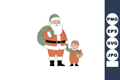 Santa Claus holding a green sack and standing with a child h Product Image 1