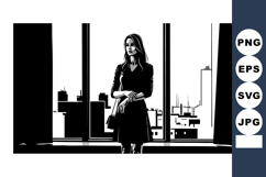 Woman standing by window with urban cityscape background in Product Image 1