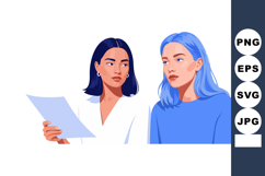 Two professional women discussing documents with serious exp Product Image 1