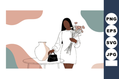 Woman holding bouquet of flowers and watering plant in minim Product Image 1