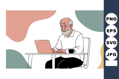 Elderly man working on laptop at home with coffee cup in mod Product Image 1