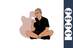 Young man using smartphone sitting cross-legged casual style Product Image 1