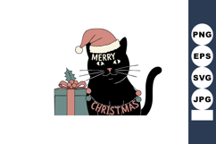 Black cat wearing santa hat holding merry christmas banner w Product Image 1