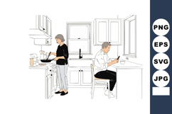 Elderly couple daily routine kitchen scene man using smartph Product Image 1