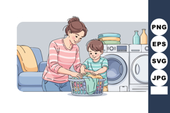 Mother and son doing laundry together in cozy home interior Product Image 1