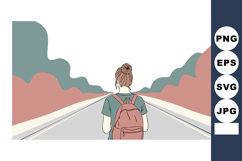 Young woman with backpack walking on empty road between hill Product Image 1