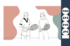 Two women playing tennis holding rackets in casual sportwear Product Image 1