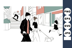 Urban street scene with young people walking dog and skatebo Product Image 1
