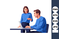 Man and woman working together on laptop in casual blue outf Product Image 1