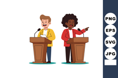Two diverse people debating on stage with microphones and wo Product Image 1