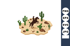 Cowboy riding horse in desert landscape with cacti and rocks Product Image 1