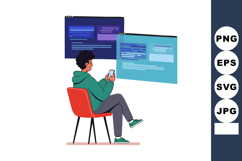 Young man using smartphone with floating programming code wi Product Image 1