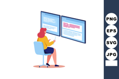 Woman working on dual computer screens coding software devel Product Image 1