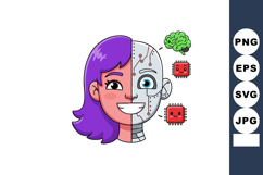 Human and robot hybrid face with purple hair surrounded by m Product Image 1
