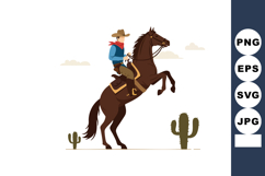 Cowboy riding rearing brown horse in western desert with cac Product Image 1