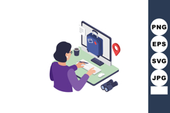 Woman browsing travel luggage online with desktop computer a Product Image 1